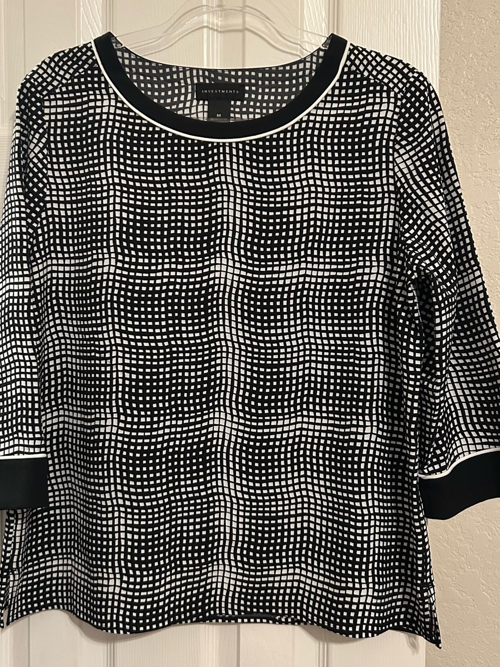 INVESTMENTS Black and White Geometric Grid Top